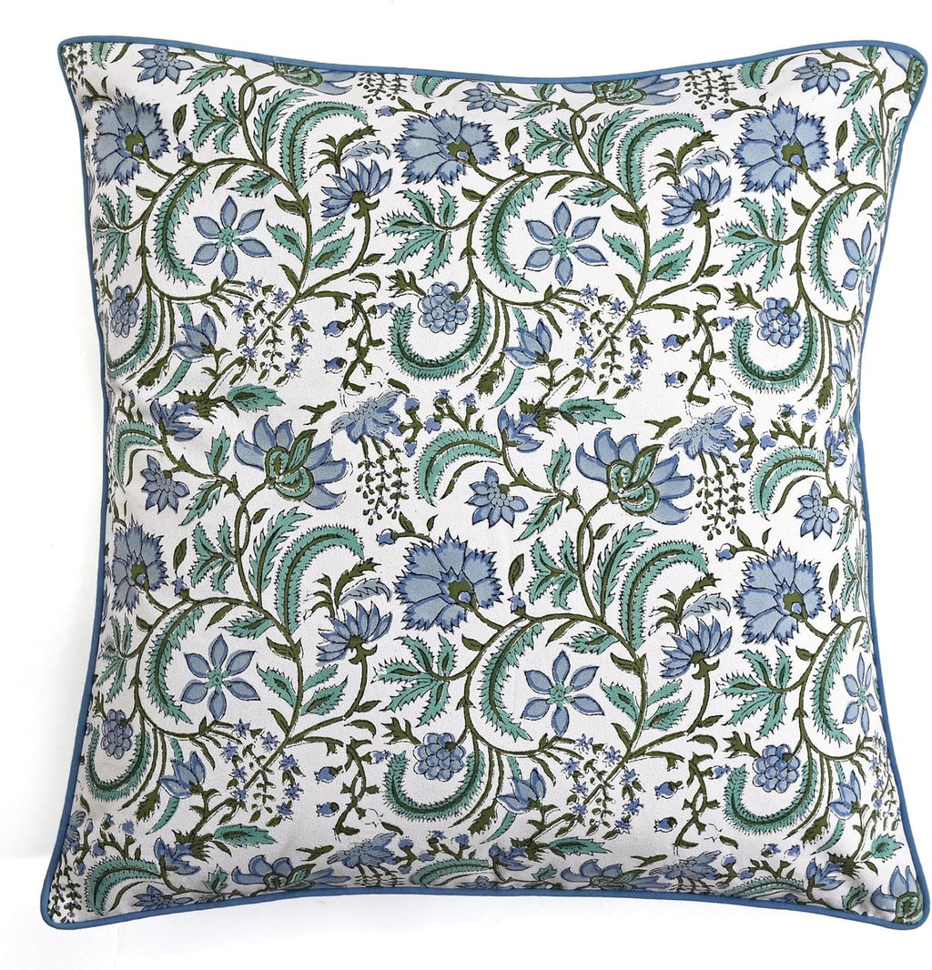 Ridhi Block Print Columbia Blue Pillow Cover 18" x 18" (Pack of 2) Decorative Couch Pillows for Living Room, Chic Boho Cute Outdoor Pillows…