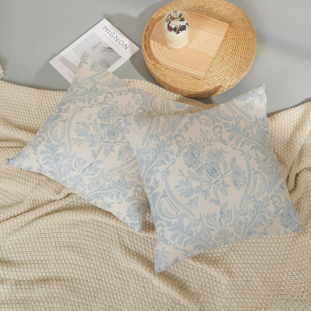Baby Blue Pillow Covers 18x18 Inch Set of 2 Block Print Floral Throw Pillows Vintage Flower Decorative Boho Outdoor Pillow Cases…