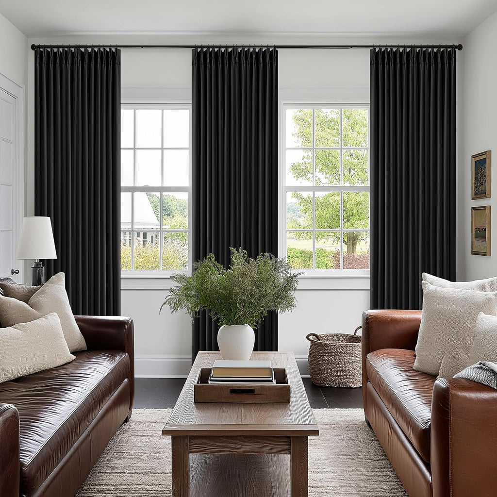 Twodrapes Neutral Black Linen Pinch Pleated Blackout Curtains 108 Inches Long for Bedroom Pleated 100% Black Out Drapes with Liner Black Fa…