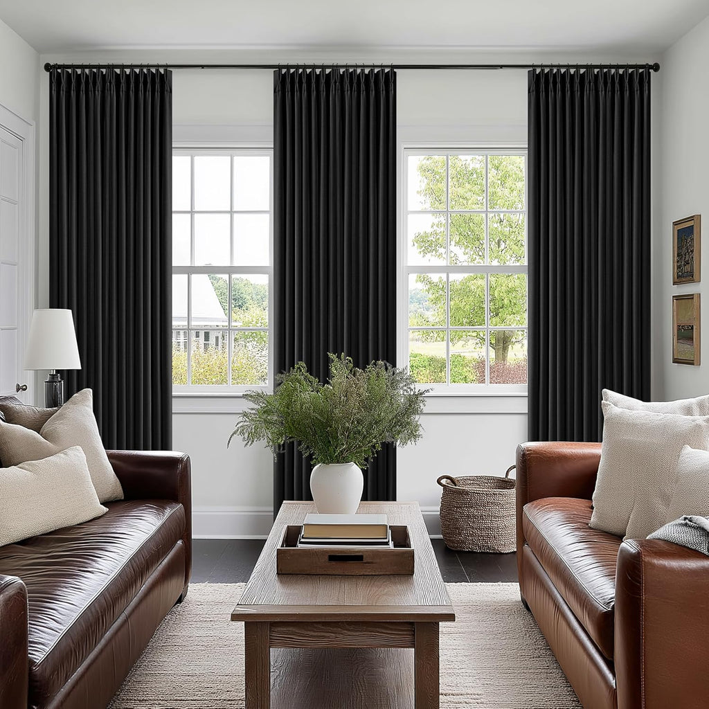Twodrapes Black Linen Blackout Pleated Curtains 90 Inches Long for Living Room Darkening Pinch Pleat 100% Black Out Drapes Thermal Insulate…