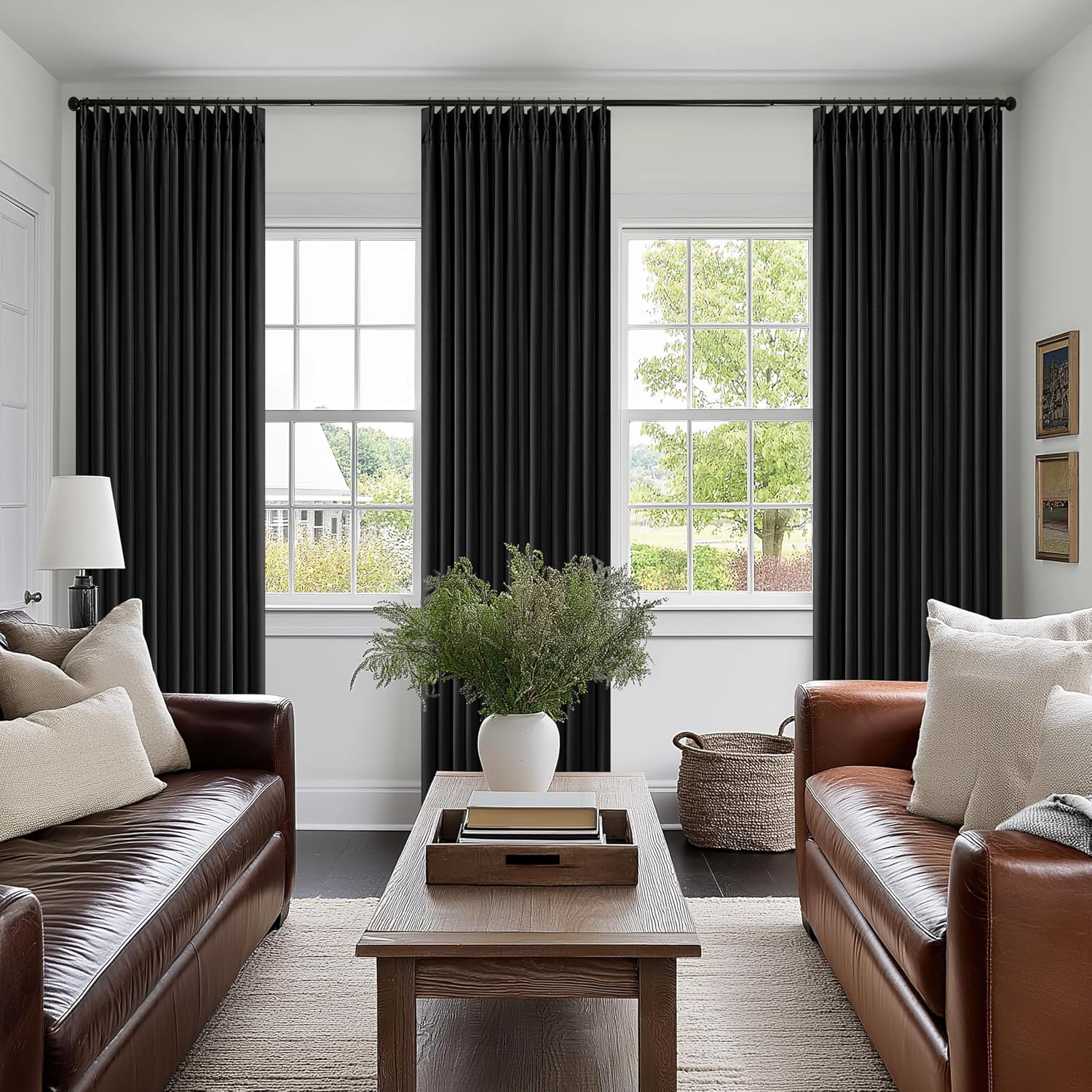 Twodrapes Black Pleated Linen Blackout Curtains 84 Inches Long for Bedroom Living Room Pinch Pleat Black Out Thermal Insulated Ring Hooks B…