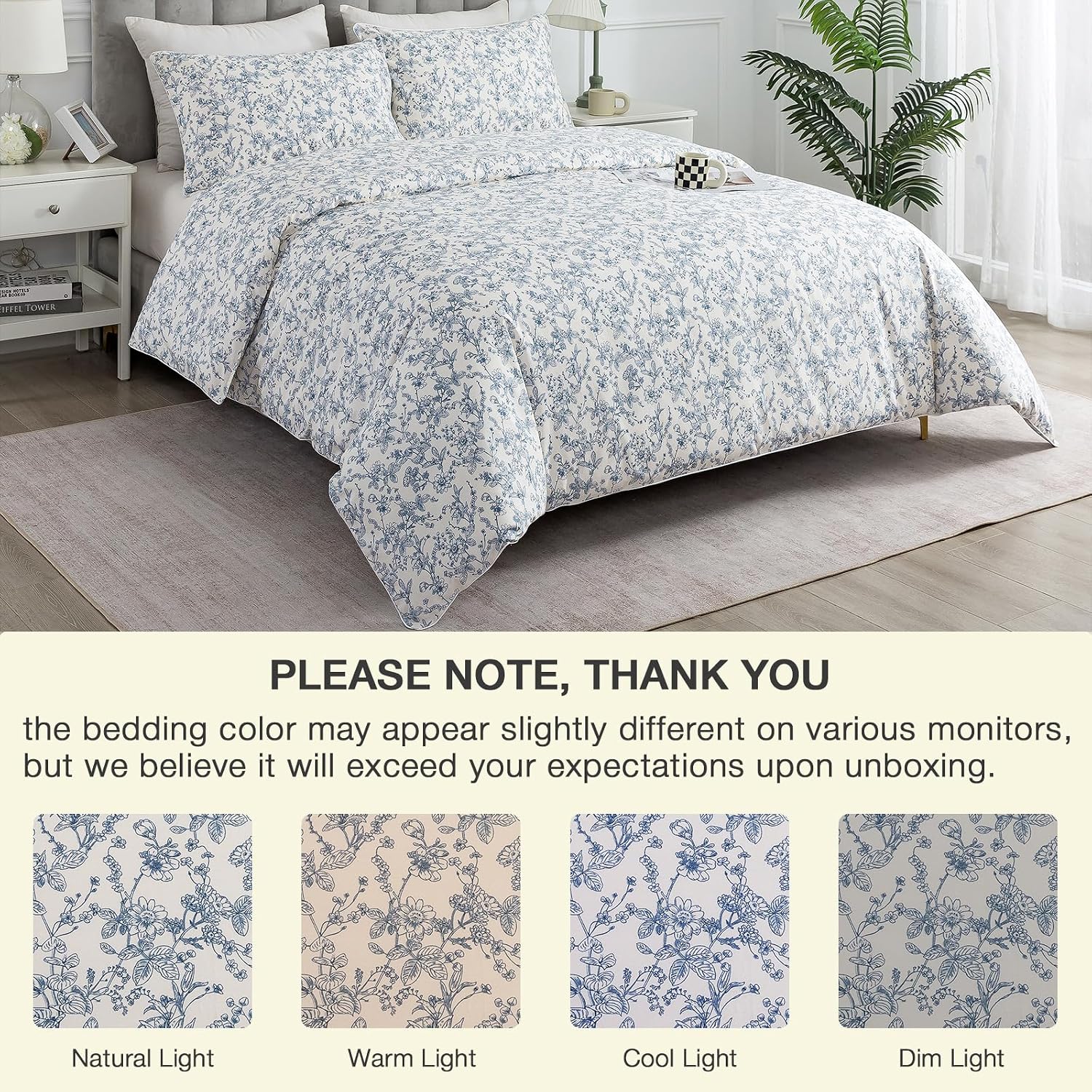 Puralens Blue Floral Duvet Cover King Size 100% Cotton, Vintage Pattern Soft Crisp Toile Comforter Cover Set, Aesthetic Cute Reversible Per…