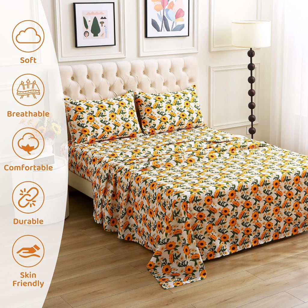 mooreeke Cozy Vintage Microfiber Printed Floral Queen Sheet Set - Soft & Breathable Yellow Sunflower Bed Sheets with Extra Deep Pocket - No…