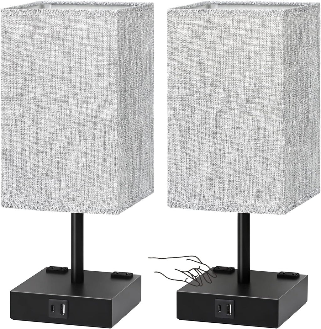 Bedside Table Lamps Set of 2 - Touch Nightstand Lamp for Bedroom with USB C+A Charging Ports & AC Outlets, 3-Way Dimmable Desk Lamp Grey…