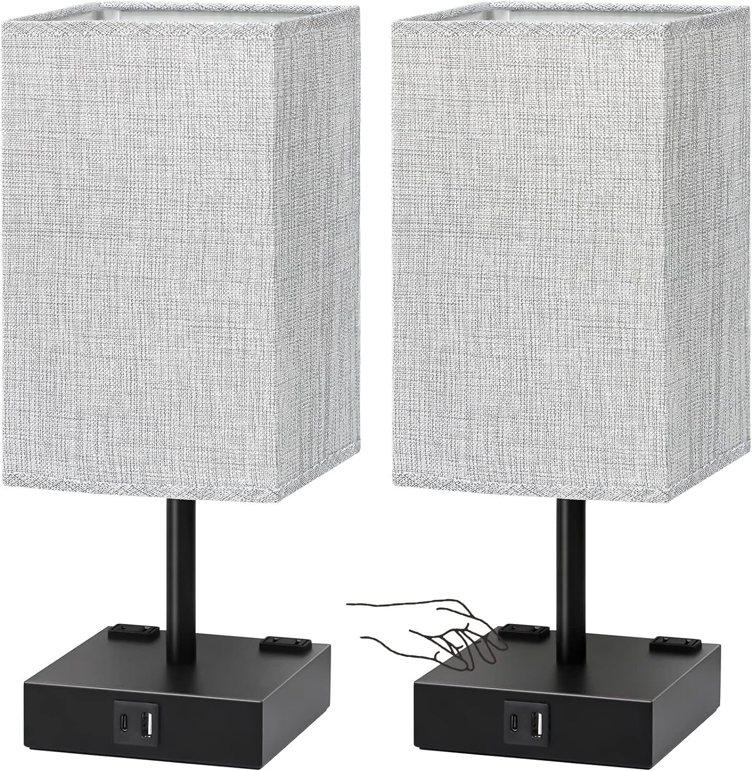 Bedside Table Lamps Set of 2 - Touch Nightstand Lamp for Bedroom with USB C+A Charging Ports & AC Outlets, 3-Way Dimmable Desk Lamp Grey…