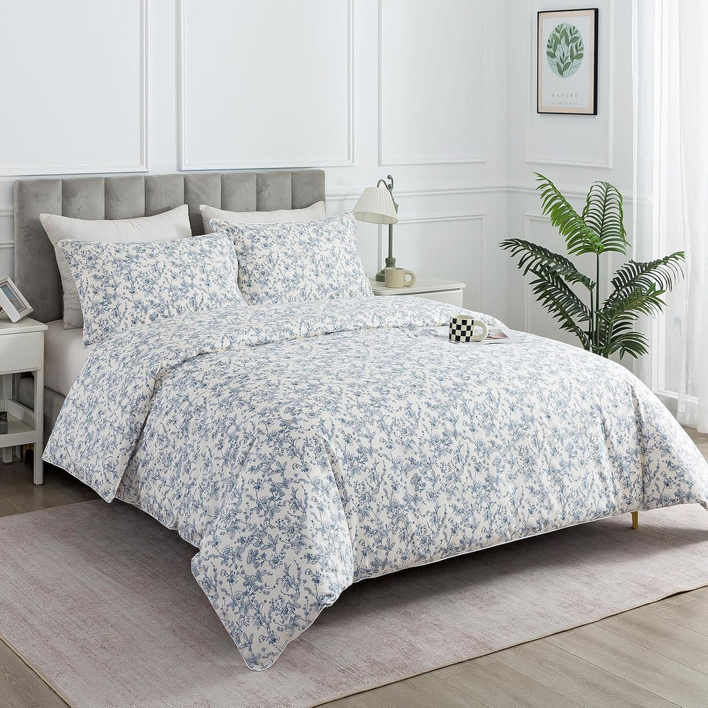 Puralens Blue Floral Duvet Cover King Size 100% Cotton, Vintage Pattern Soft Crisp Toile Comforter Cover Set, Aesthetic Cute Reversible Per…