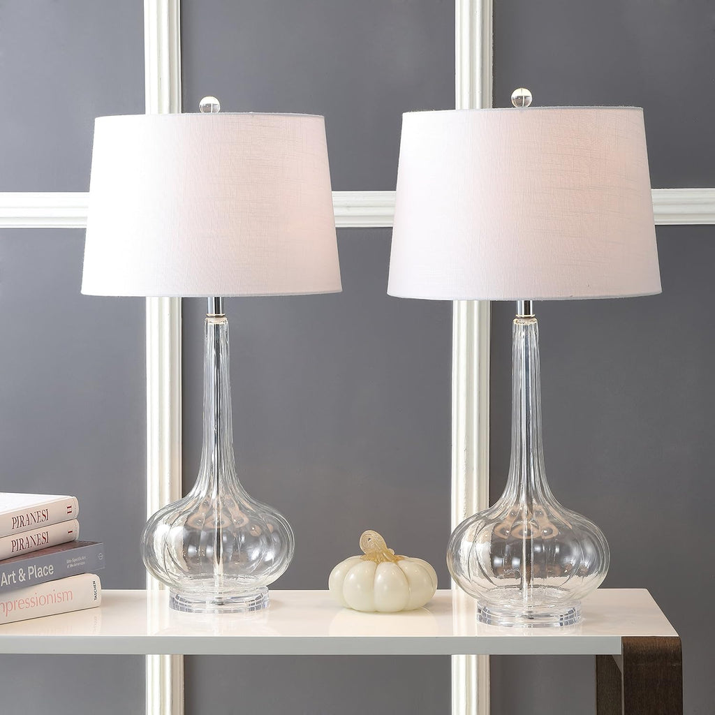 JONATHAN Y 28.5" Clear Glass Teardrop LED Table Lamp Set of 2 for Living Room Bedroom Nightstand, White Linen Shade Modern Transitional…