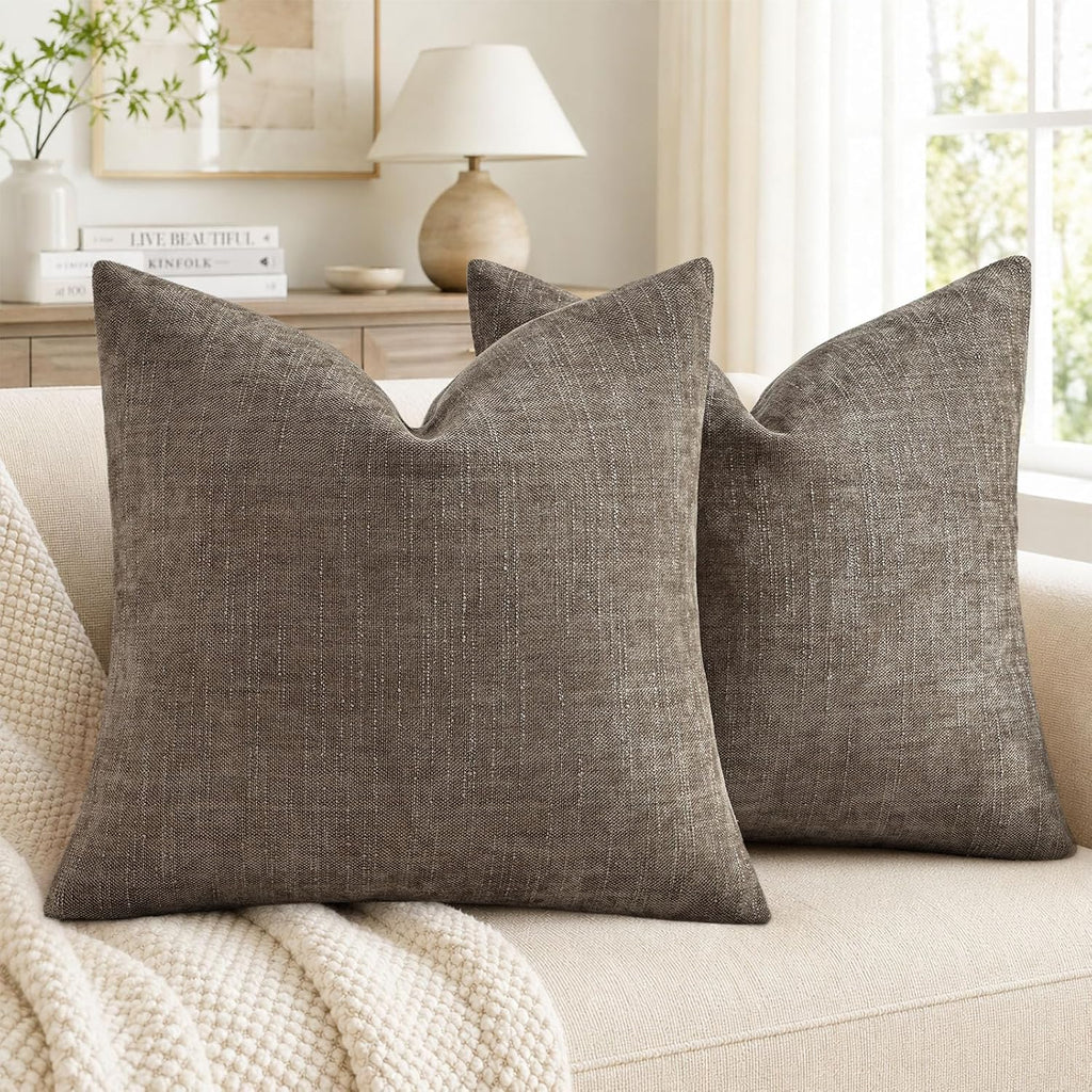 decorUhome Chenille Throw Pillow Covers 20x20 Set of 2, Square Decorative Pillow Covers with Zipper for Couch, Sofa, Living Room, Taupe Grey