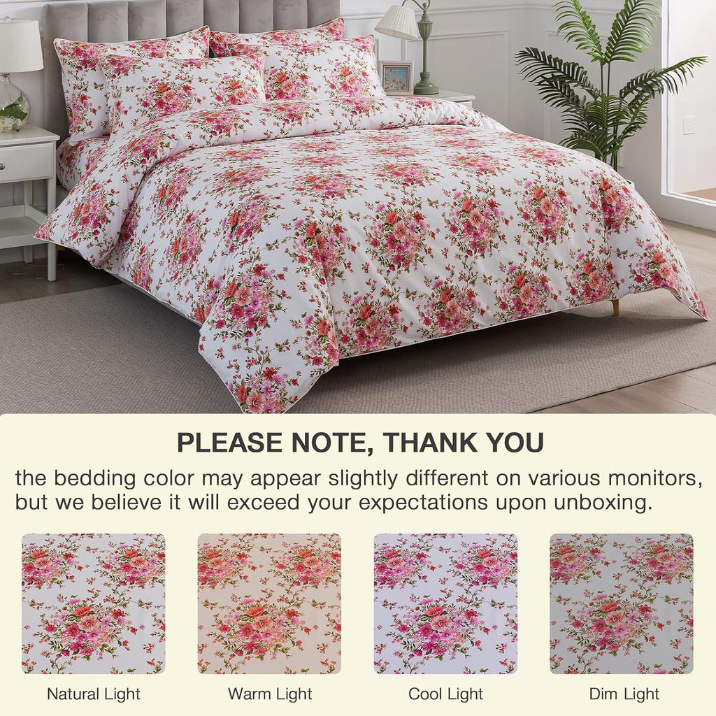 Puralens Pink Floral Boho Duvet Cover Queen Size 100% Cotton 3Pcs Set, White Percale Reversible Shabby Red Flower Print Chic Duvet Covers,…