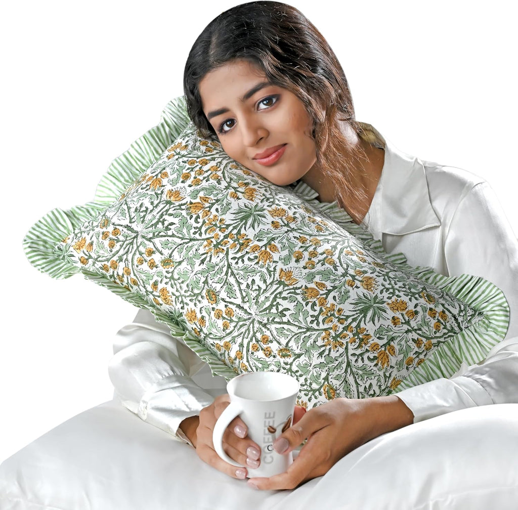 Ridhi Block Print Goldenrod Yellow 20"x12" Set 1-100% Cotton Ruffle Lumbar Sham Cover Boho Floral Pillowcase, Farmhouse Cottagecore…