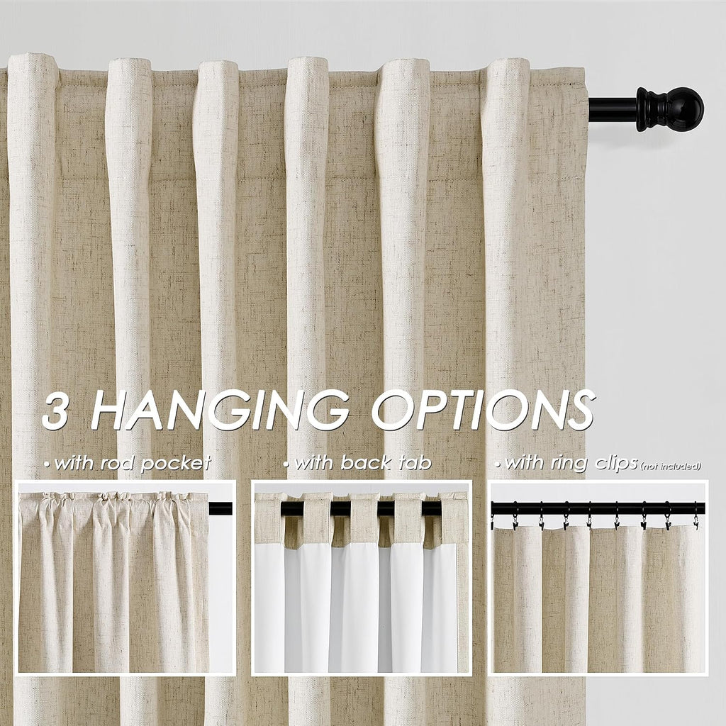 Nanspring Beige 100% Blackout Linen Curtains for Bedroom 120 Inches Long Back Tab Thermal Insulated Rustic Country Farmhouse Decor Black Ou…