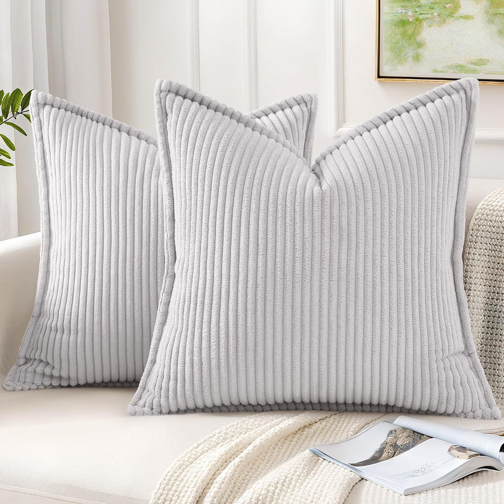 Mecatny Corduroy Summer Throw Pillow Covers 18x18 Set of 2, Neutral Decorative Soft Boho Couch Pillow Covers with Broadside for Sofa…