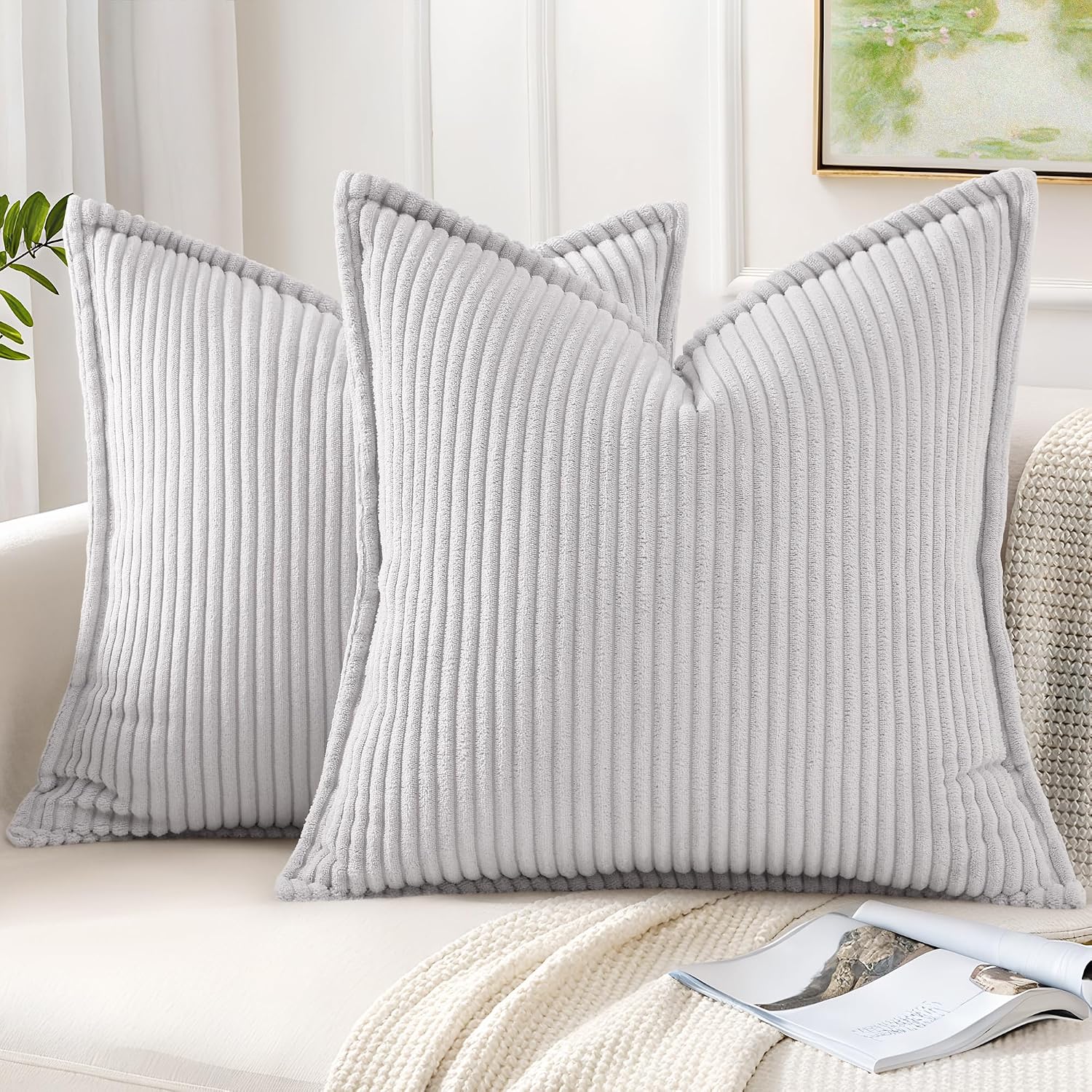 Mecatny Corduroy Summer Throw Pillow Covers 18x18 Set of 2, Neutral Decorative Soft Boho Couch Pillow Covers with Broadside for Sofa…