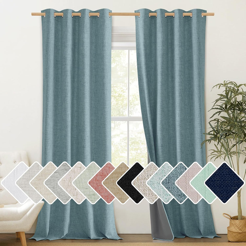 NICETOWN 100% Absolutely Blackout Linen Curtains with Thermal Insulated White Liner, Skylark Blue, 52" Wide, 120" Length Energy Saving…