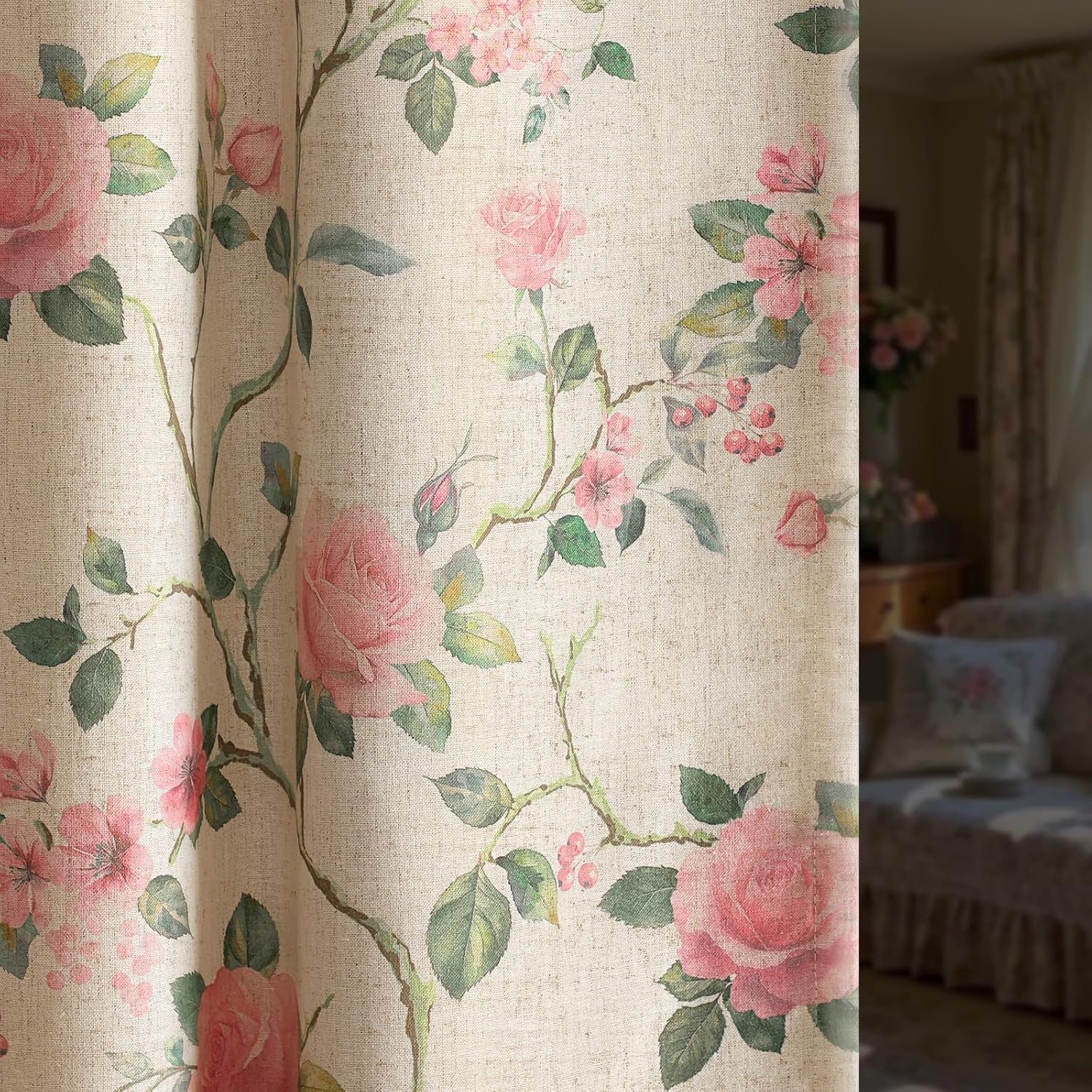 XOGUIBO Vintage Floral Blackout Curtains 84 Inch, 2 Panels Spring Linen Texture Farmhouse Drapes for Living Room Bedroom Printed Flo…