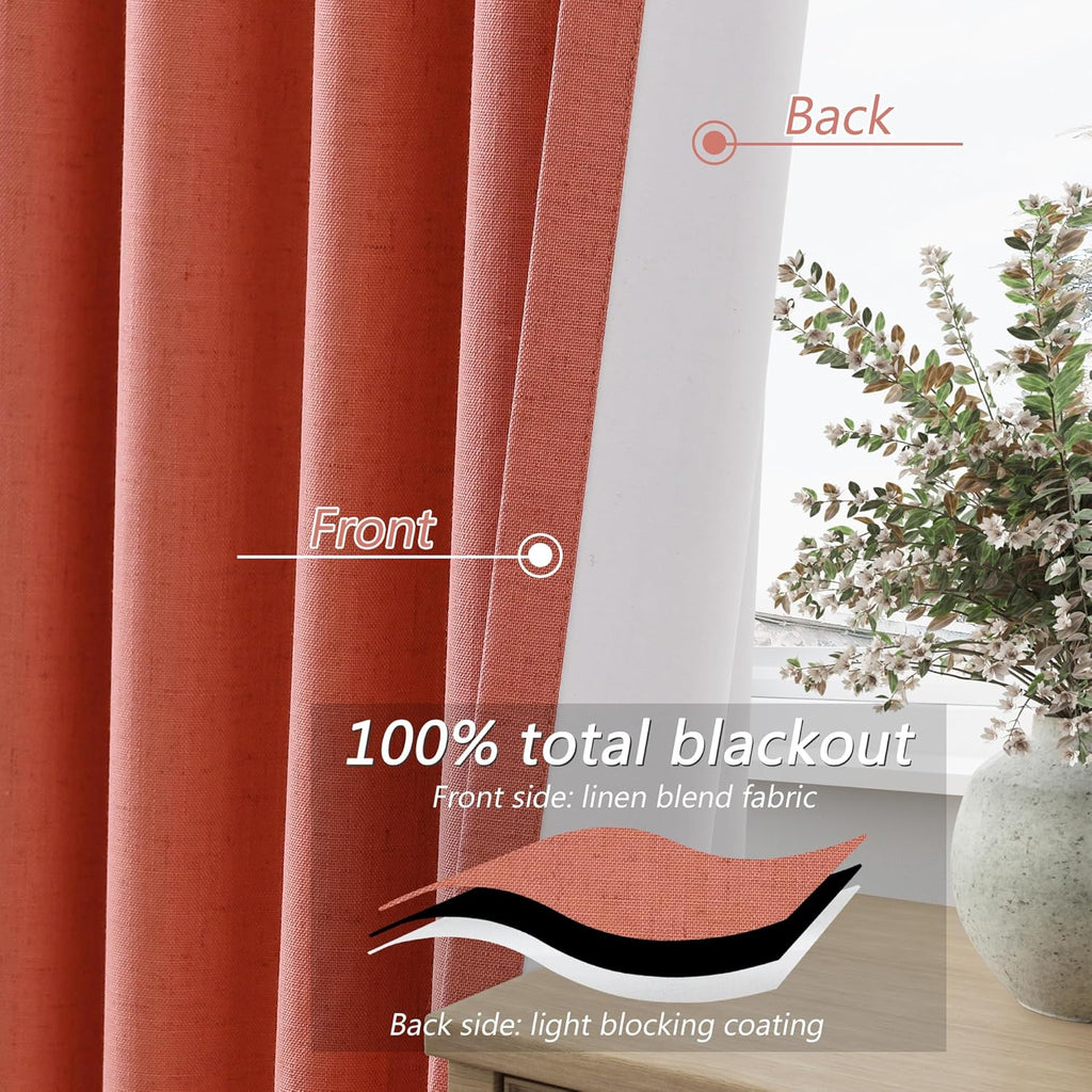 Guken Coral 100% Blackout Linen Curtains 84 Inch Length 2 Panels Set for Living Room Bedroom Back Tab Rod Pocket Thermal Insulated Farmhous…