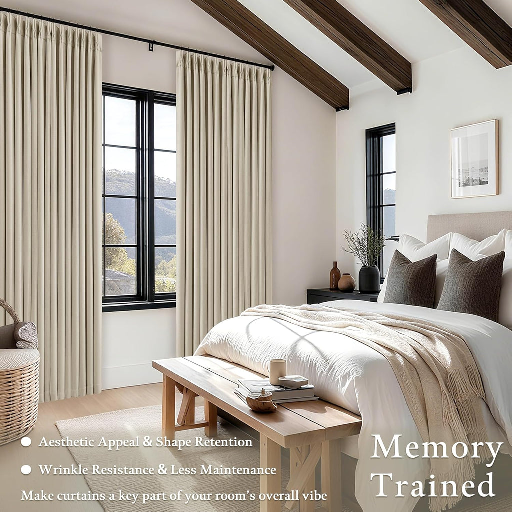 Twodrapes Memory Trained Pinch Pleated 100% Blackout Linen 86 Inch Curtains for Bedroom Room Darkening Light Blocking Beige Tan Window Curt…