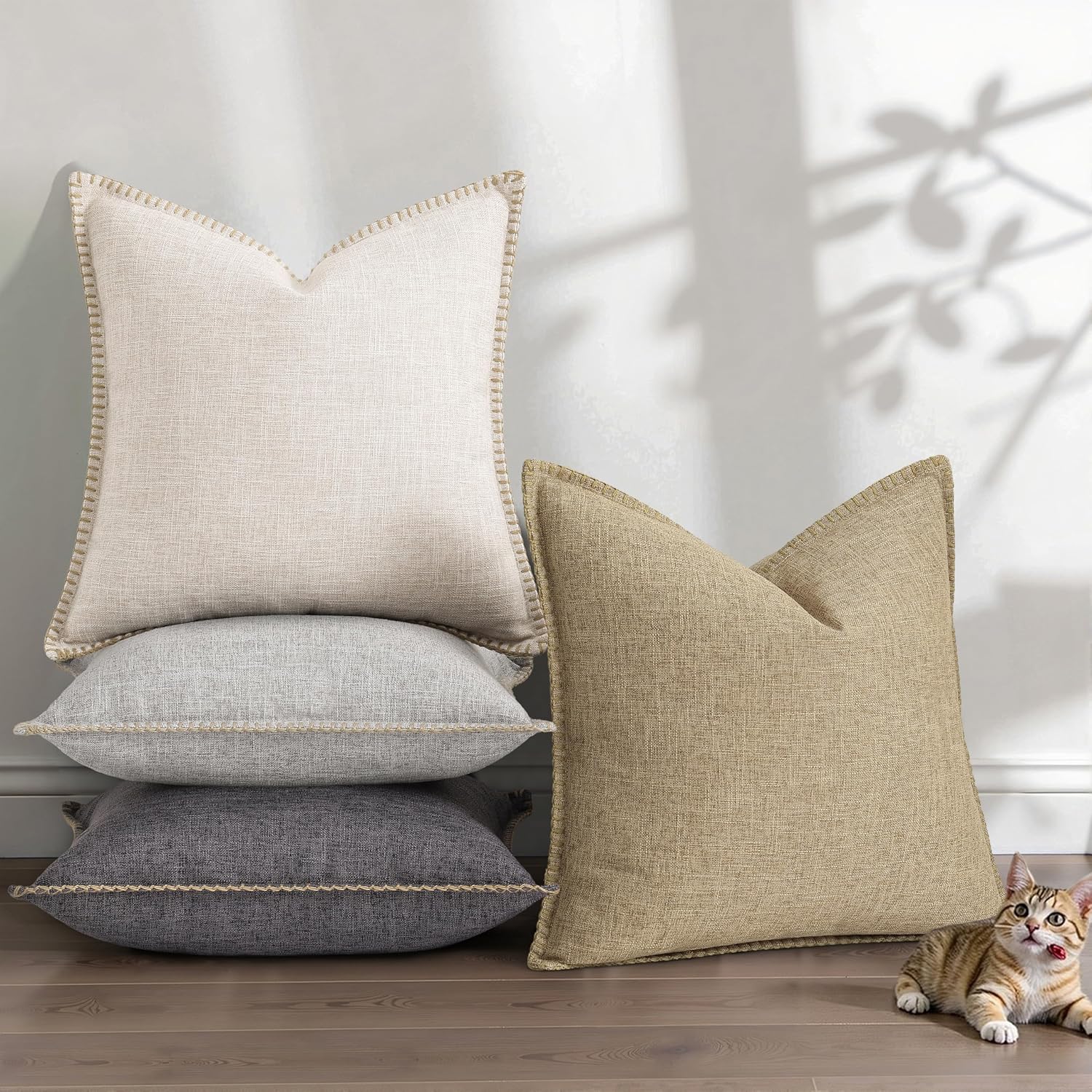 decorUhome Summer Decorative Throw Pillow Covers 18x18 Set of 2 Square Faux Linen Outdoor Neutral Farmhouse Pillow Covers with Stitched…