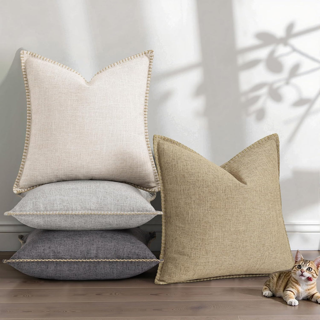 decorUhome Summer Decorative Throw Pillow Covers 16x16 Set of 2 Square Faux Linen Outdoor Neutral Farmhouse Pillow Covers with Stitched…
