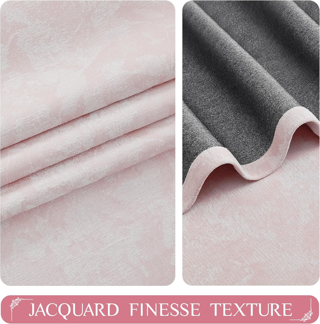 Beauoop Pink Floral Jacquard Blackout Curtains 84 Inches Long 2 Panels for Bedroom Living Room Chenille Flower Room Darkening Thermal…