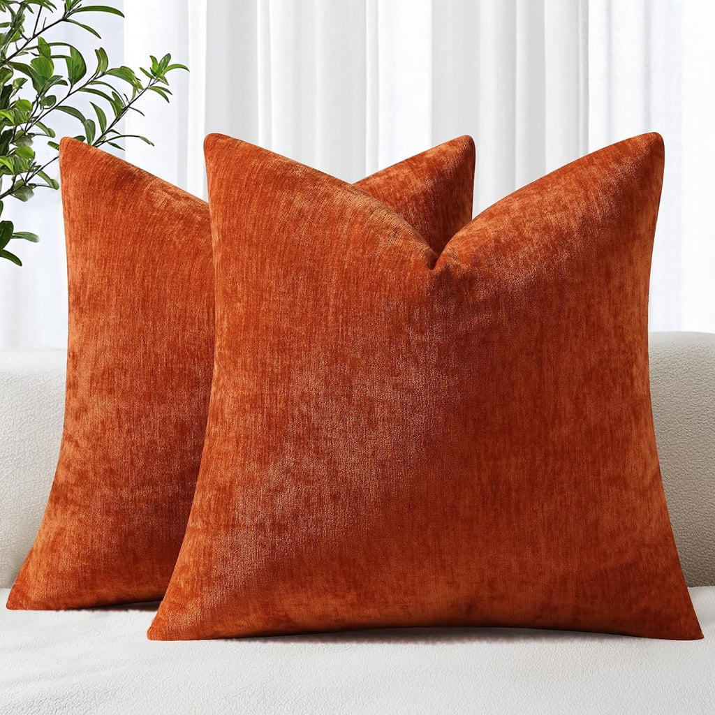 decorUhome Chenille Rust Throw Pillow Covers 16x16 Inch Set of 2, Decorative Soft Couch Pillow Covers Solid Dyed Accent Farmhouse Neutral S…