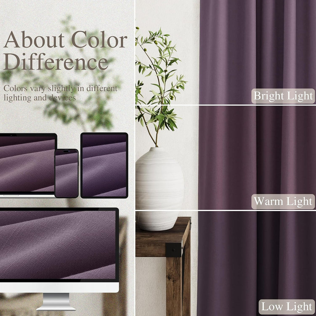 Nanspring Plum 100% Blackout Linen Curtains 108 Inches Long for Bedroom Back Tab Thermal Insulated Luxury Modern Boho Decor Black Out Curta…