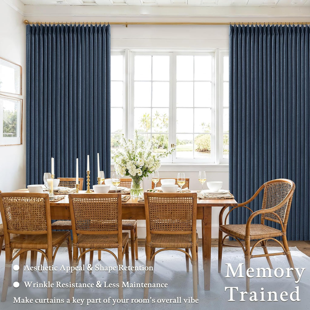 80 Inch Pinch Pleated Blackout Linen Curtains for Bedroom 2 Panels Memory Trained 100% Black Out Soundproof Room Darkening Navy Window…