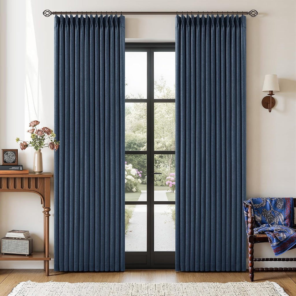 84 Inch Pinch Pleated Blackout Linen Curtains for Bedroom 2 Panels Memory Trained 100% Black Out Soundproof Room Darkening Navy Window…
