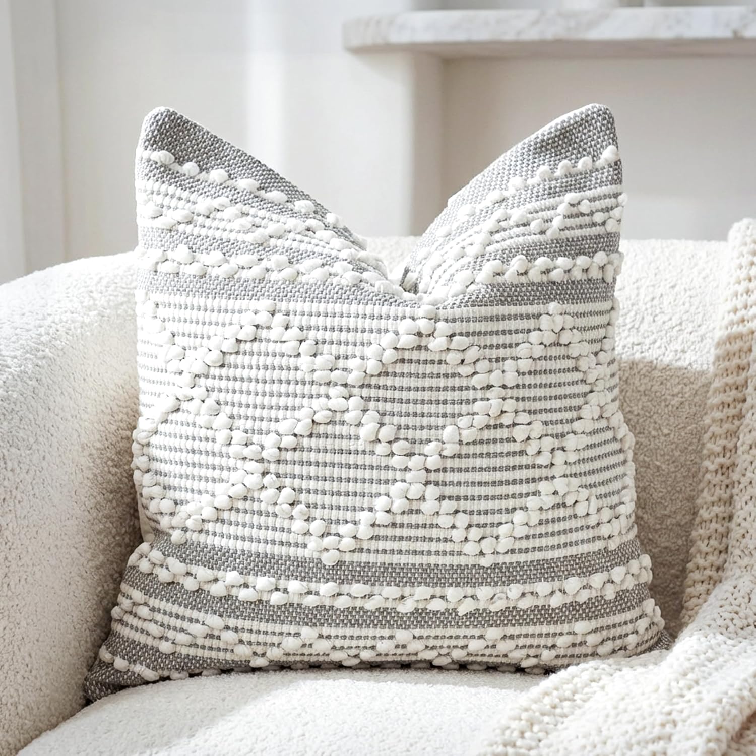 BlissBlush Gray White Decorative Throw Pillow Cover 22X22, Boho Accent Pillow for Couch, Square Modern Farmhouse Pillowcase for Living…