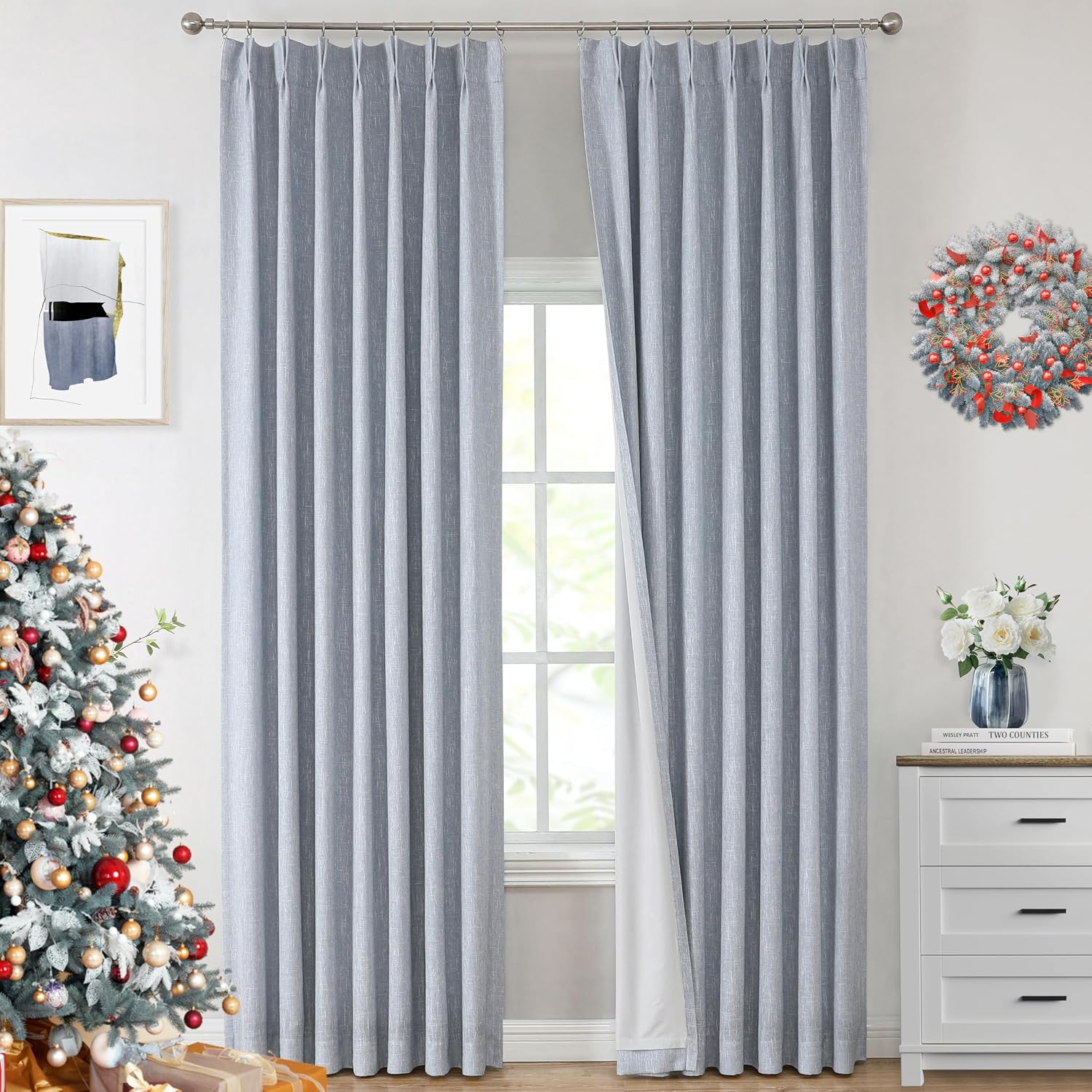 VisionHome Vision Home Chambray Blue Full Blackout Curtains Pinch Pleated Room Darkening Window Curtains 63 inch for Living Room Bedroom Th…