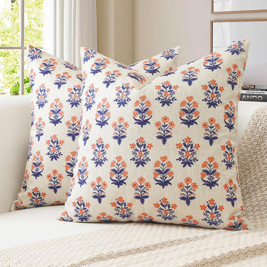 OTOSTAR Floral Print Pillow Covers 18x18 Inch Pack of 2 Double-Sided Navy Blue Orange Flower Square Throw Pillow Covers Farmhouse Rustic…