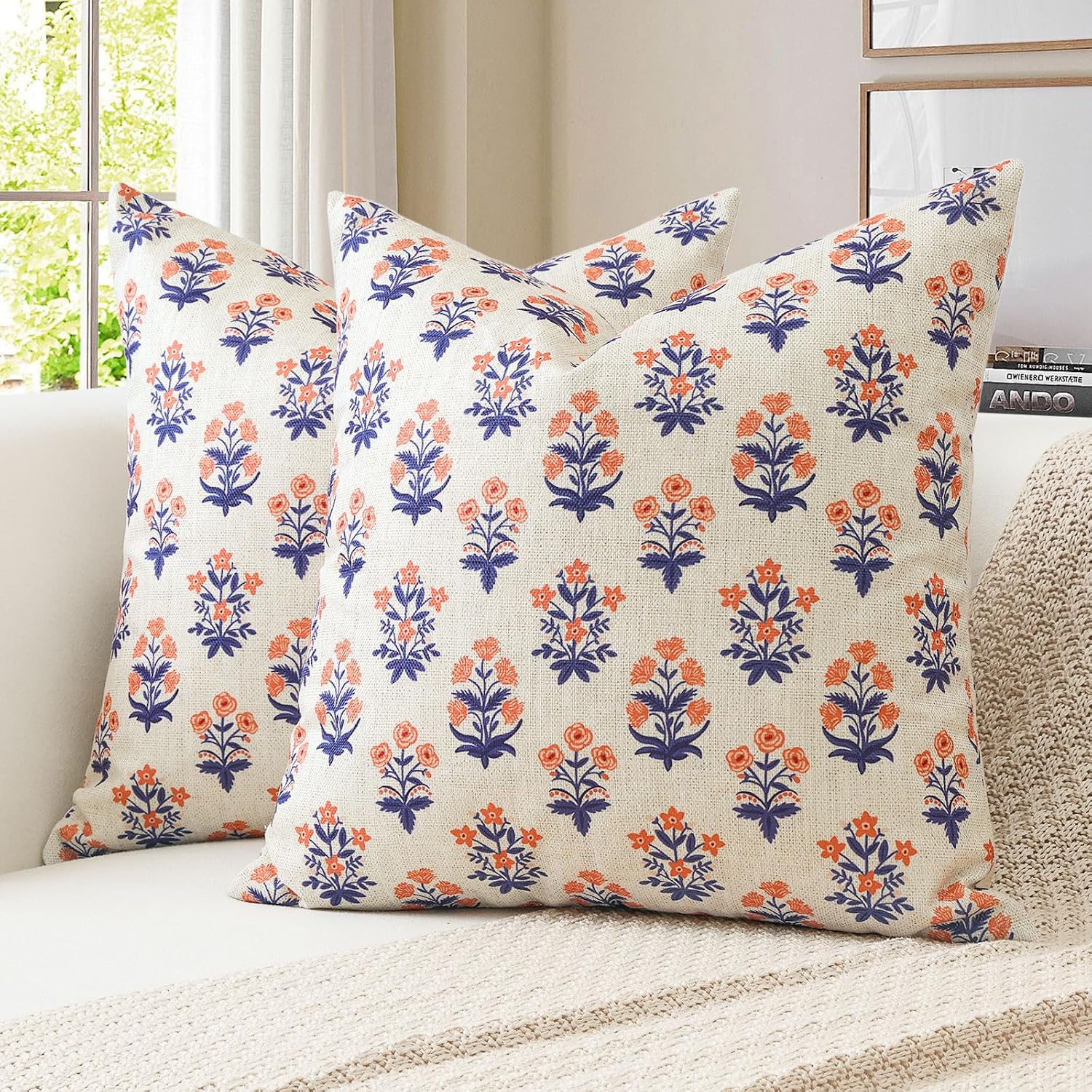 OTOSTAR Floral Print Pillow Covers 18x18 Inch Pack of 2 Double-Sided Navy Blue Orange Flower Square Throw Pillow Covers Farmhouse Rustic…