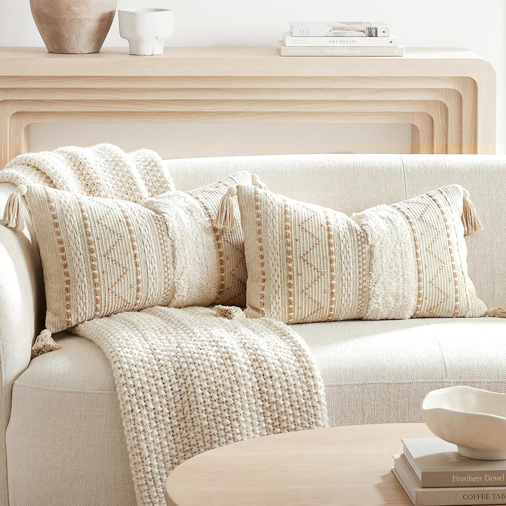 BlissBlush Decorative Lumbar Throw Pillow Covers 12x20 Combo Set of 2 Cream Neutral Rectangular Boho Accent Pillowcase Farmhouse Cushion…