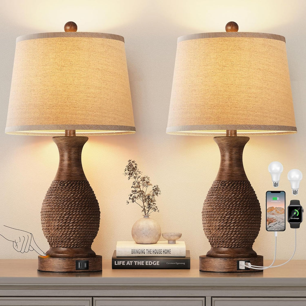 PARTPHONER Table Lamps Set of 2, Bedside Touch Lamp with USB C+A Charging Ports, Side Table Lamp with Linen Fabric Shade (LED Bulbs…