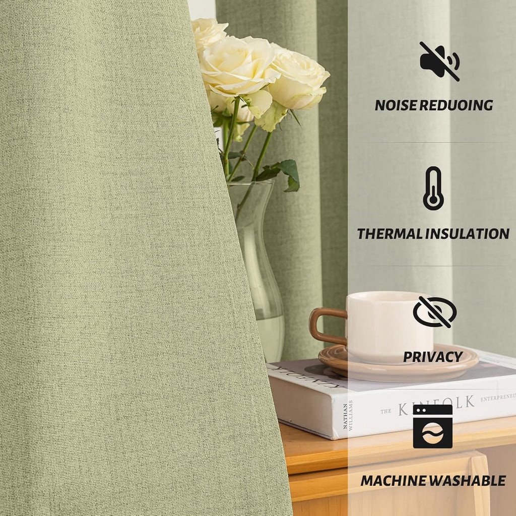 Yakamok Linen Sage Curtains 100% Blackout 84 Inches Long, Room Darkening Textured Drapes for Living Room Thermal Grommet Bedroom Curtains 2…