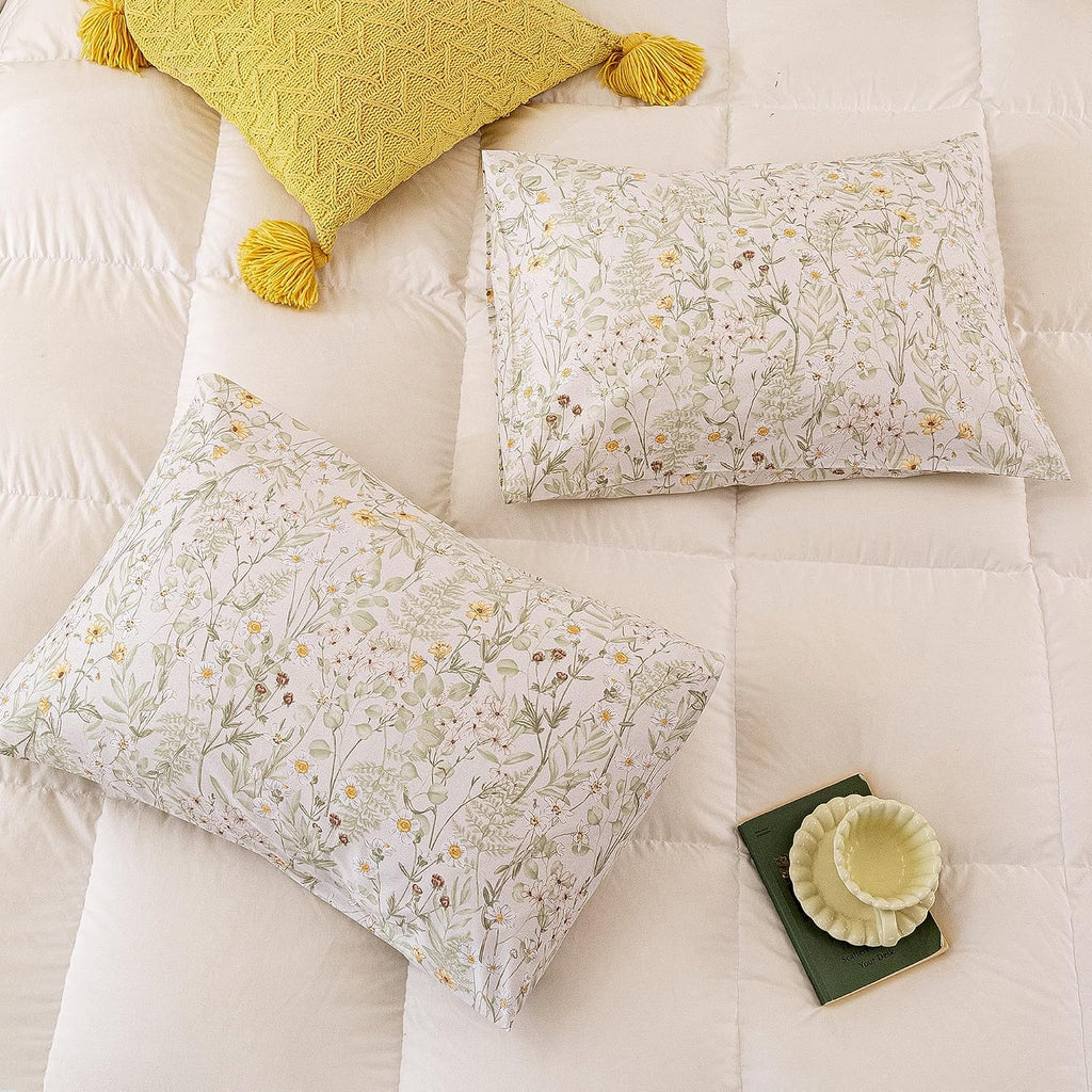 ECOCOTT Floral Pillowcases King Size 2 Pack, 100% Washed Cotton Pillow Cases with Envelope Closure, Green Botanical Wildflower Printed…