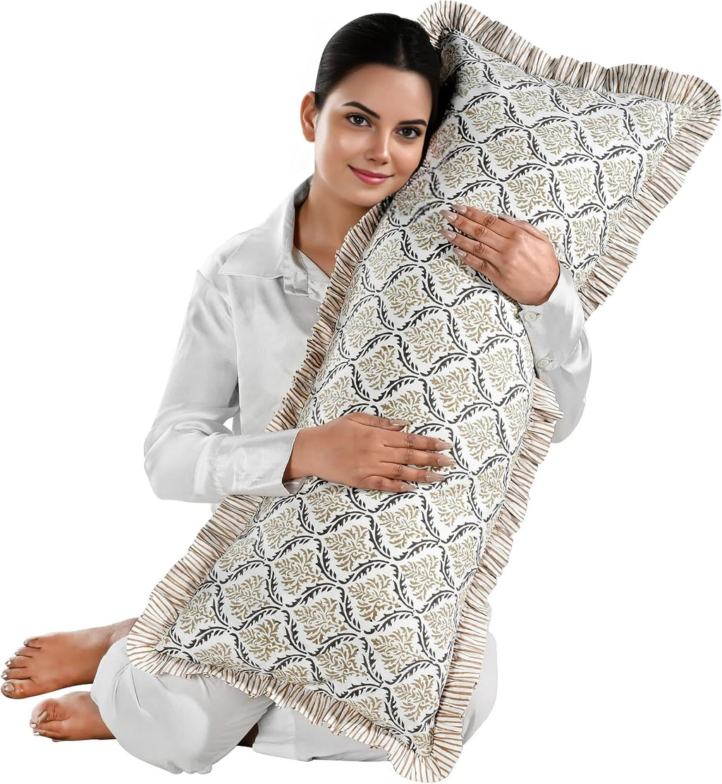 Cottonprintclub CPC Hand Block Print Sandstone Regal Ruffle Sham Pillow Cover 36" x 14" inch Hidden Zipper Decorative Pillowcase for Couch,…