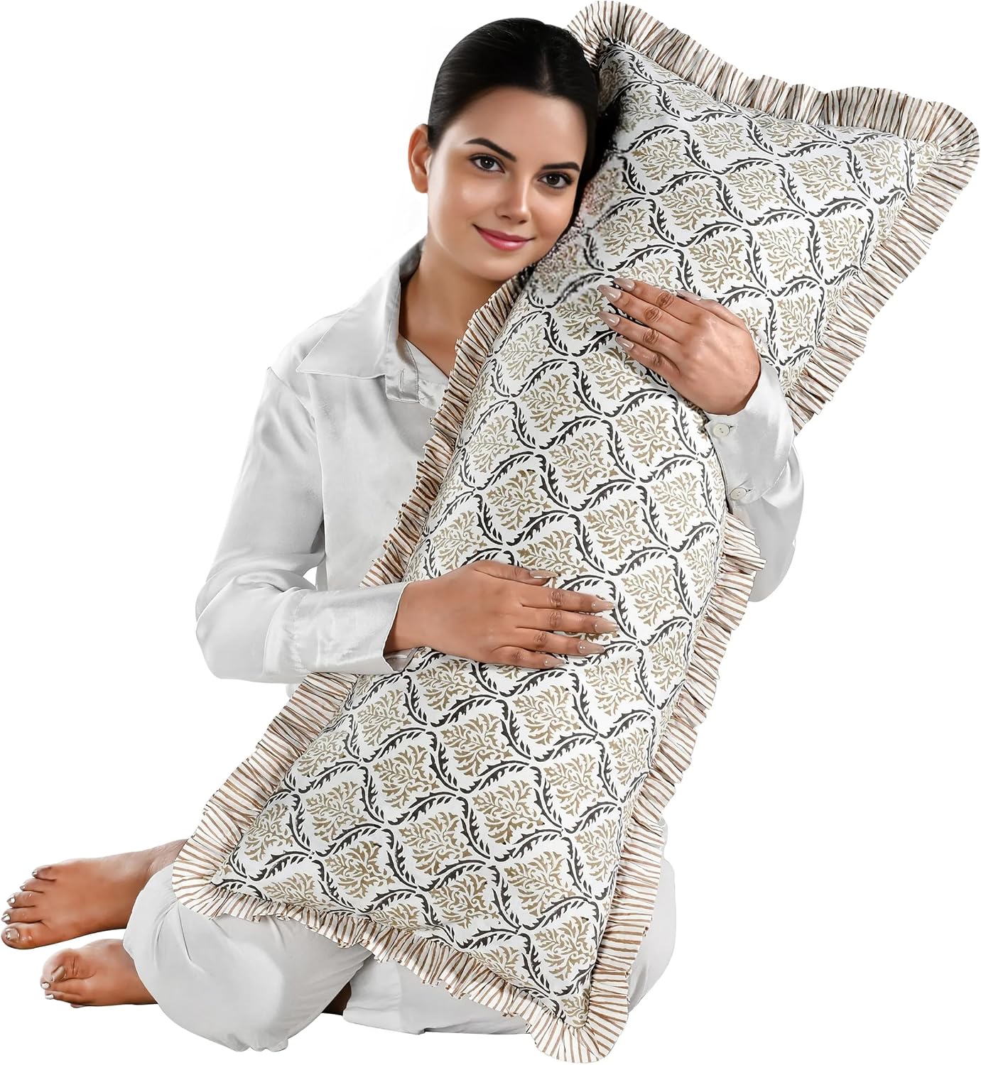 Cottonprintclub CPC Hand Block Print Sandstone Regal Ruffle Sham Pillow Cover 36" x 14" inch Hidden Zipper Decorative Pillowcase for Couch,…