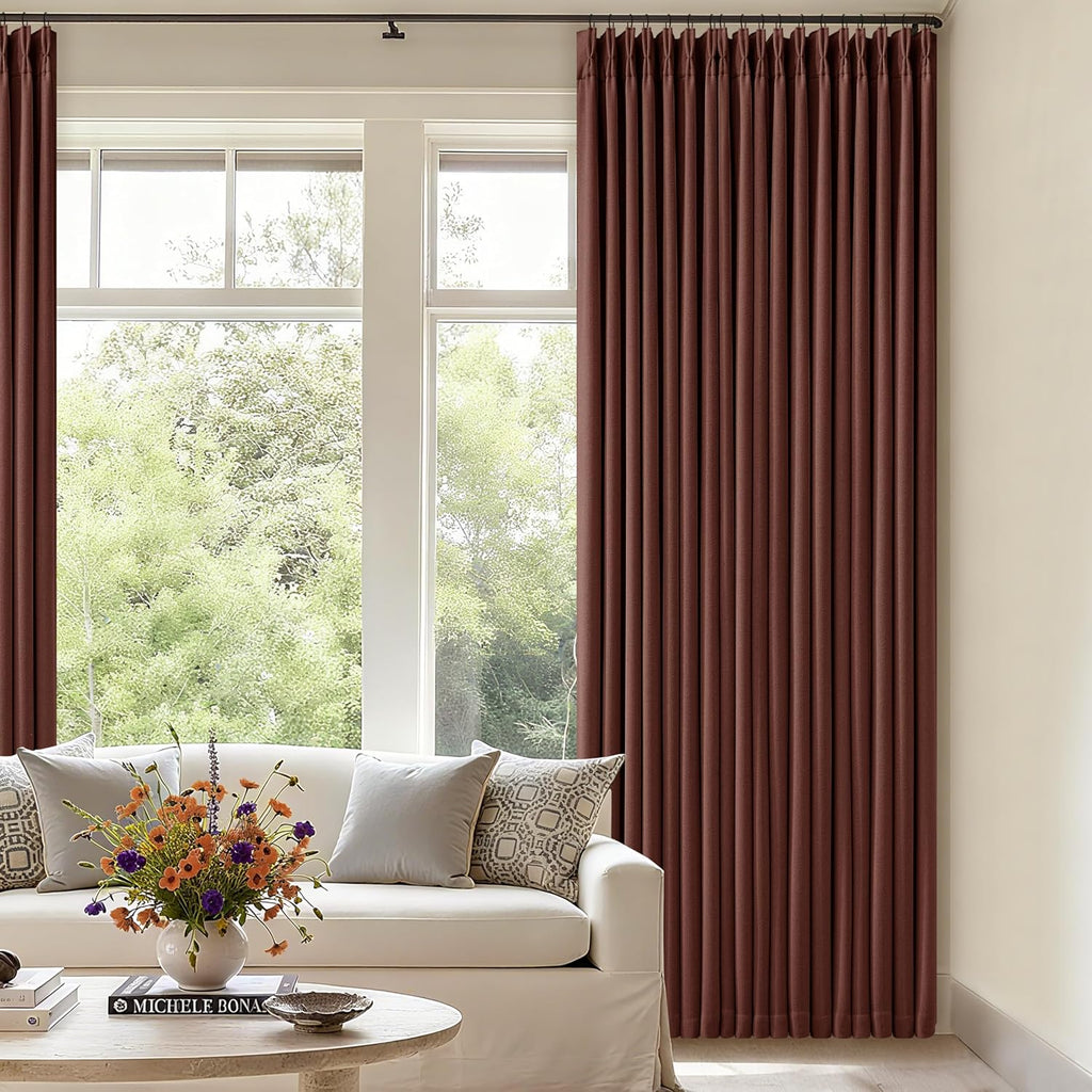 Twodrapes Brown Red Pinch Pleated Blackout Curtains 102 Inches Long for Bedroom 100% Black Out Thick Linen Dual Layer Pleated Drapes Farmho…