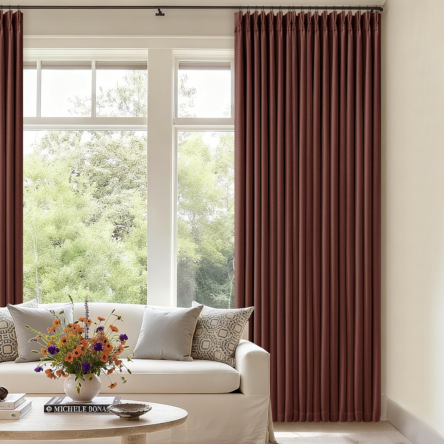 Twodrapes Brown Red Pinch Pleated Blackout Curtains 102 Inches Long for Bedroom 100% Black Out Thick Linen Dual Layer Pleated Drapes Farmho…