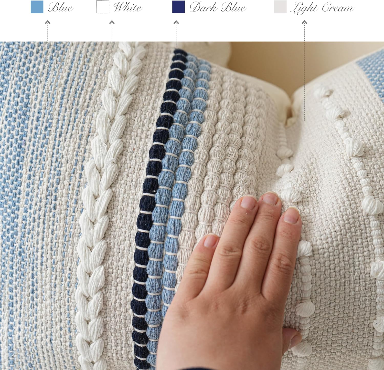 BlissBlush Coastal Blue Boho Decorative Throw Pillow Cover 20x20 Modern Bohemian Accent Pillow Case Square Woven Textured Farmhouse…