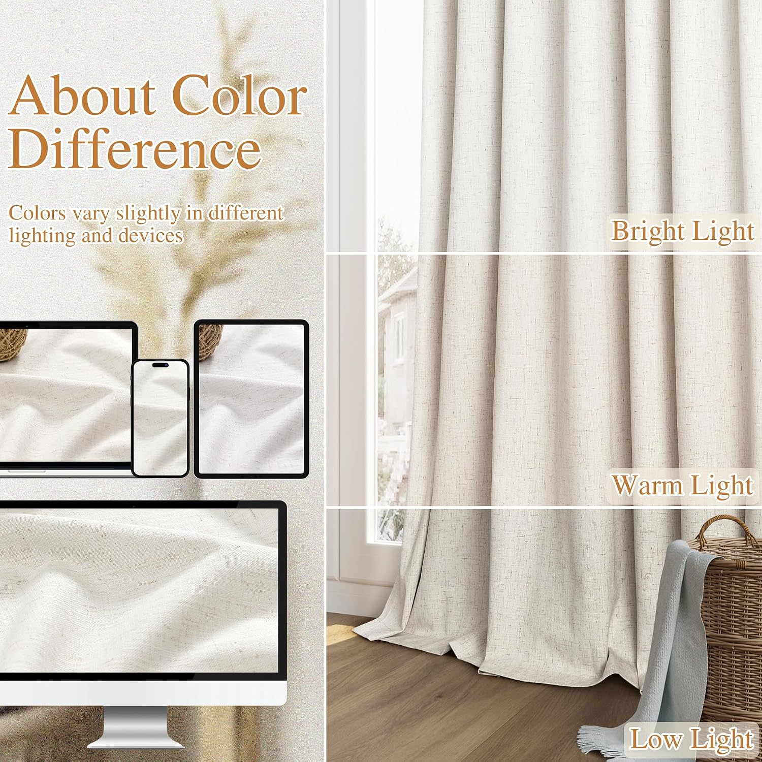 Guken Beige White 100% Blackout Linen Curtains 112 Inch Length 2 Panels Set for Living Room Bedroom Back Tab Thermal Insulated Black Out Dr…