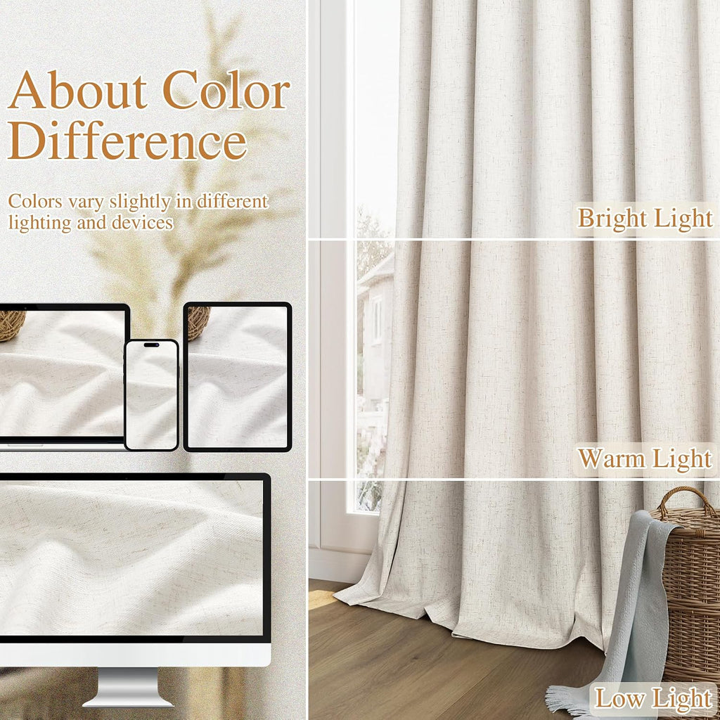 Guken Beige White 100% Blackout Linen Curtains 102 Inch Length 2 Panels Set for Living Room Bedroom Back Tab Thermal Insulated Black Out Dr…