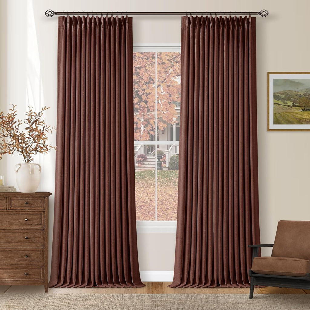 Twodrapes Maroon Blackout Pinch Pleated Linen Curtains 105 Inches Long for Living Room 2 Panels Thermal Insulted Dual Layer Drapes Ceiling…