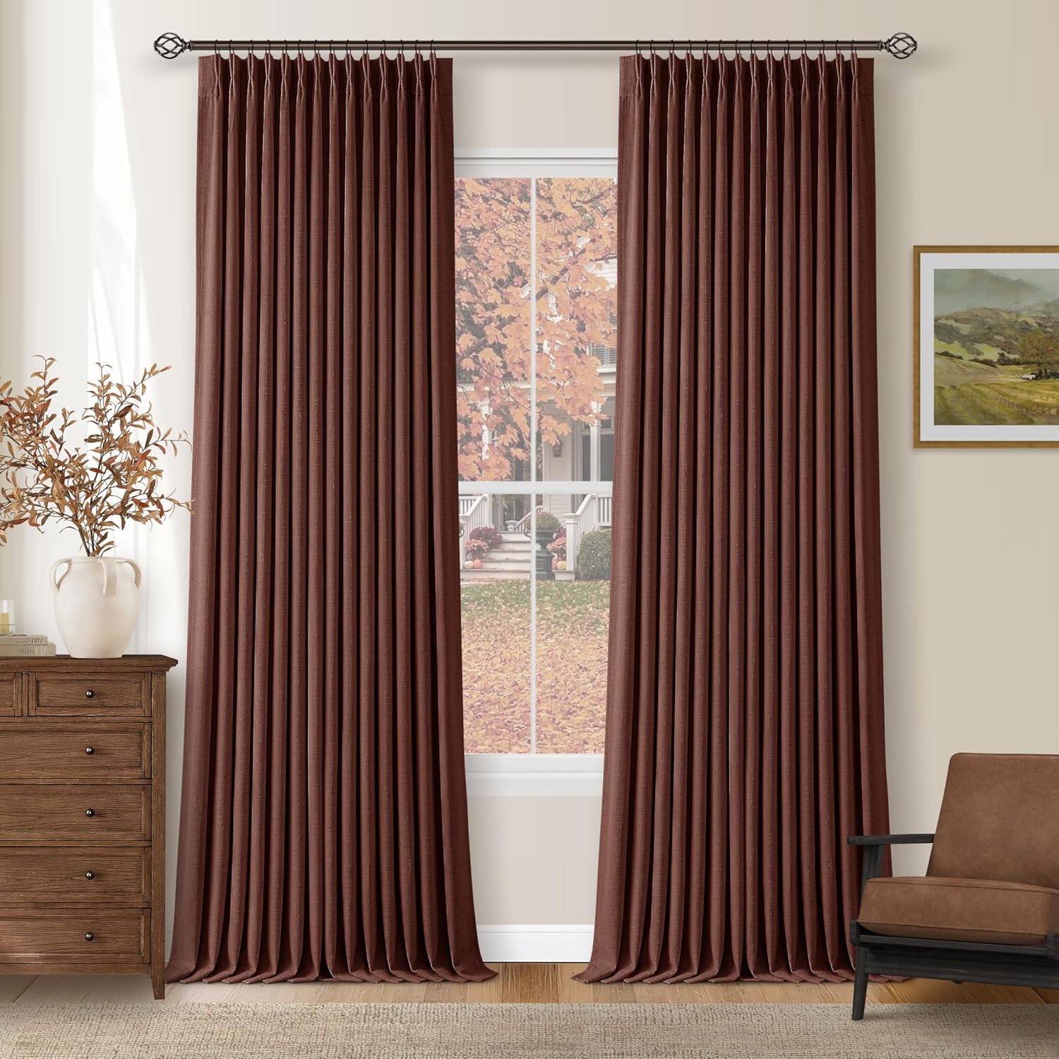 Twodrapes Brown Red Pinch Pleated Blackout Curtains 102 Inches Long for Bedroom 100% Black Out Thick Linen Dual Layer Pleated Drapes Farmho…