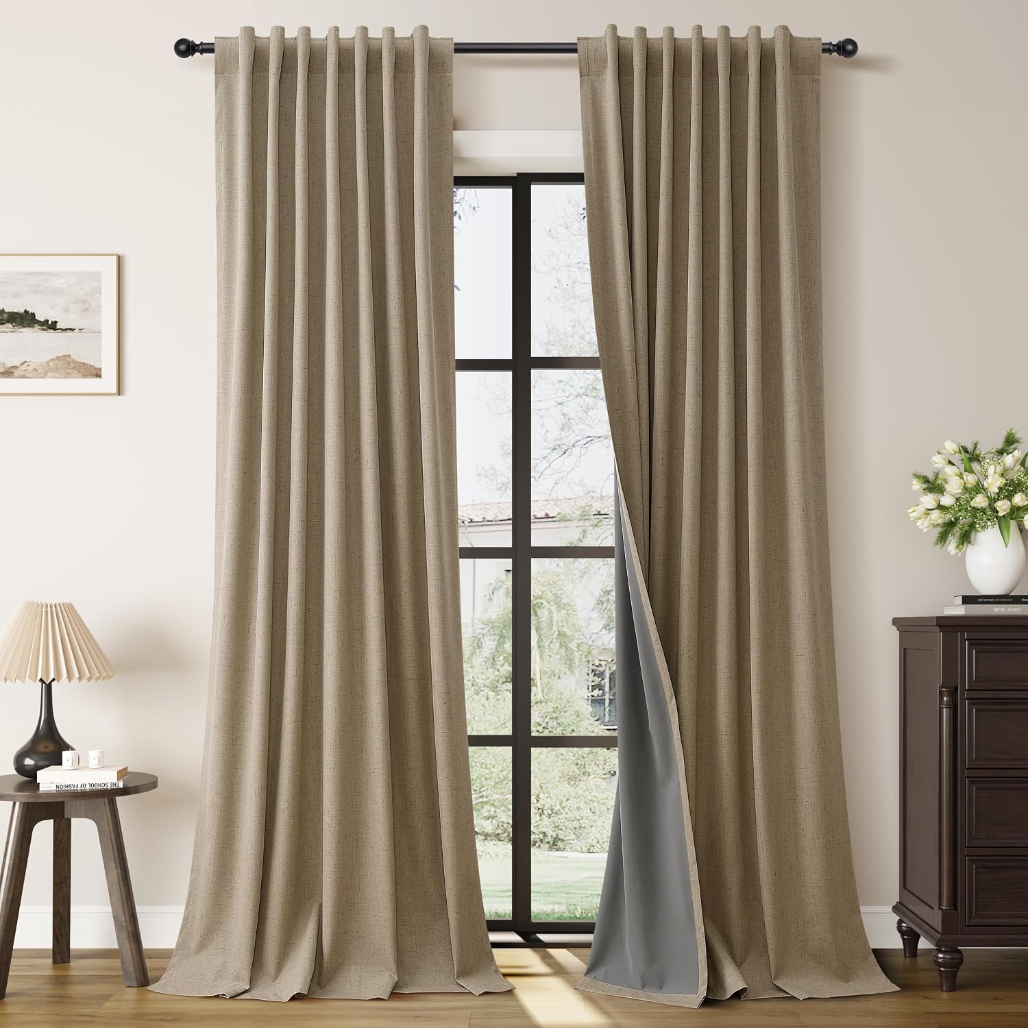 Guken Khaki Linen 100% Blackout Curtains for Bedroom 96 Inches Long 2 Panels Farmhouse Black Out Room Darkening Thermal Insulated Back Tab…
