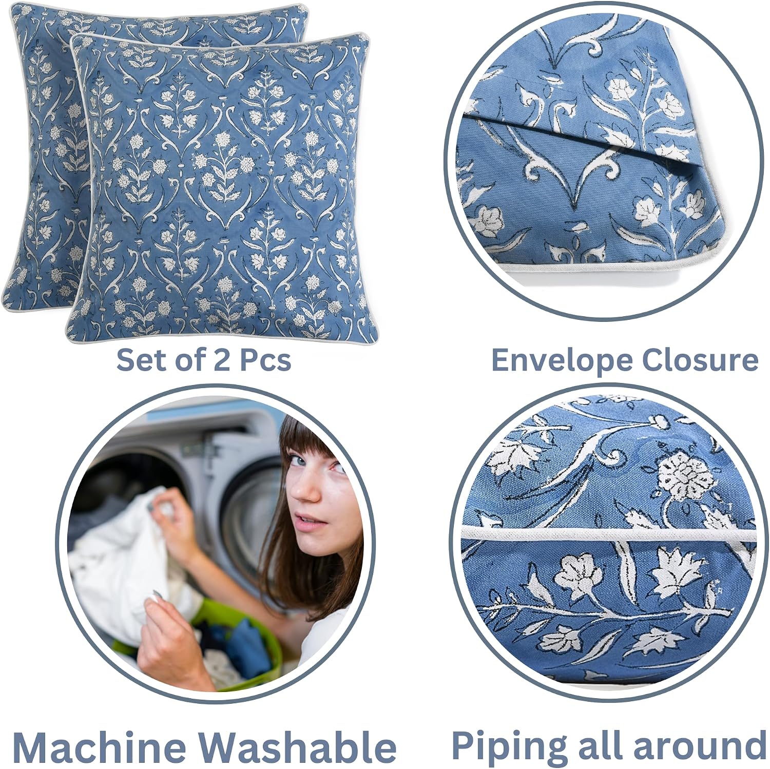 Ridhi Block Print Cornflower Blue Pillow Cover 24" x 24" (Pack of 2) Decorative Couch Pillows for Living Room, Chic Boho Cute Outdoor Pillo…