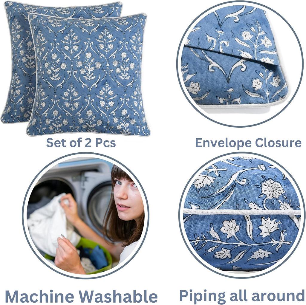 Ridhi Block Print Cornflower Blue Pillow Cover 20" x 20" (Pack of 2) Decorative Couch Pillows for Living Room, Chic Boho Cute Outdoor Pillo…