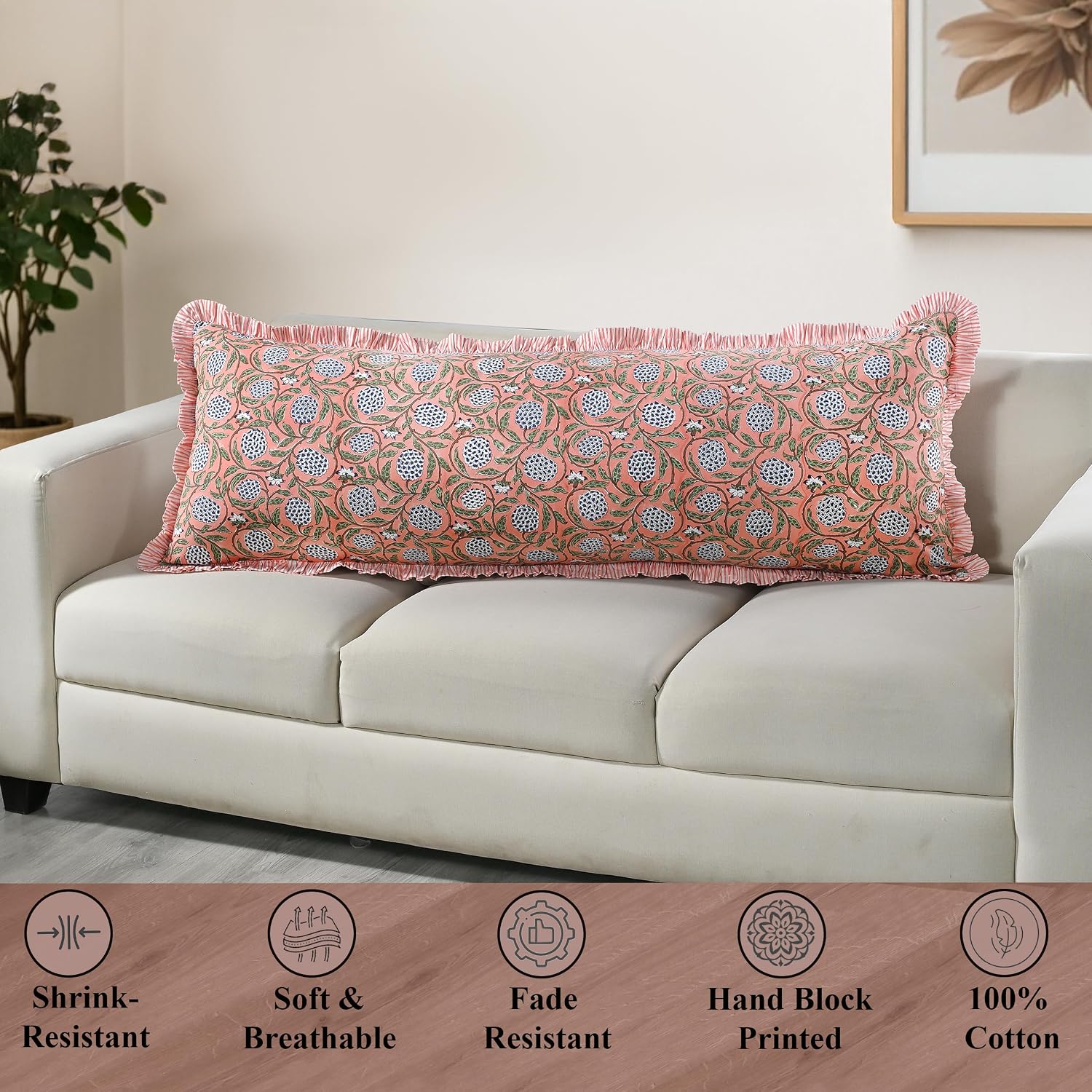 Ridhi Block Print Dark Salmon Pink 54"x20" Set 1-100% Cotton Ruffle Lumbar Sham Cover Boho Floral Pillowcase, Farmhouse Cottagecore…
