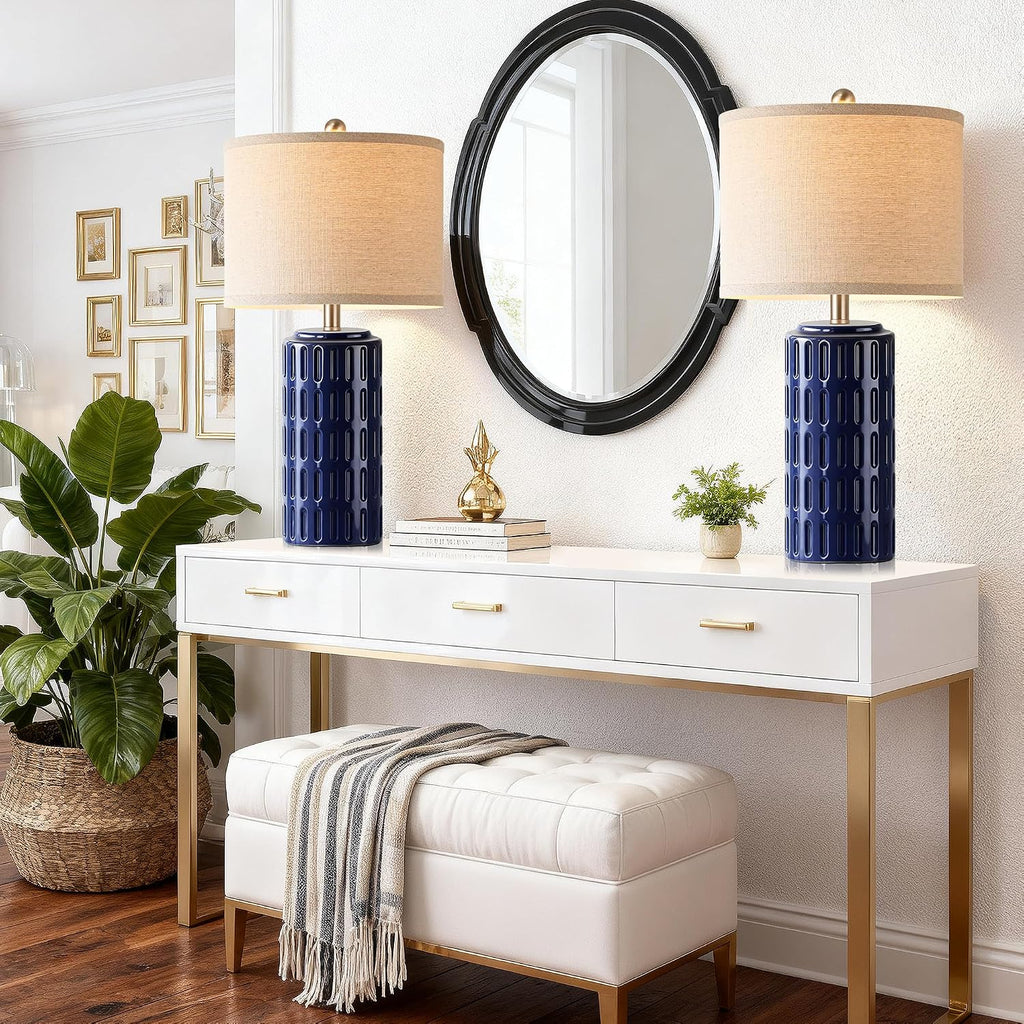 PARTPHONER 23" Farmhouse Modern Ceramic Table Lamp Set of 2 - Navy Blue Bedside Lamps for Bedroom & Living Room, Nightstand, Desk, End Table